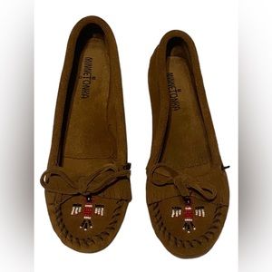 Minnetonka Moccasin Beaded Thunderbird Brown Suede Leather Slip On Shoes Size 8